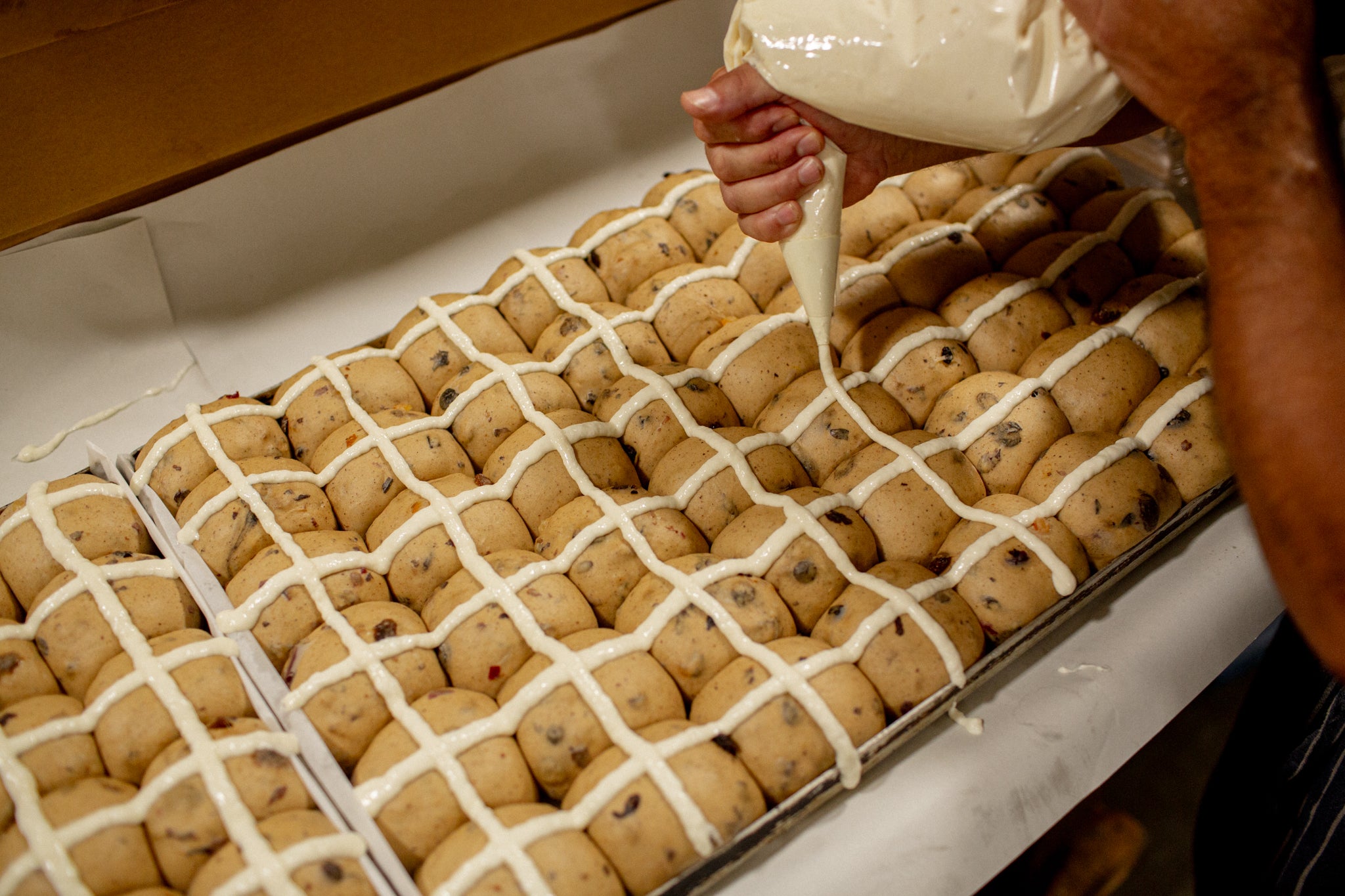 Piping crosses onto Hot Cross Buns