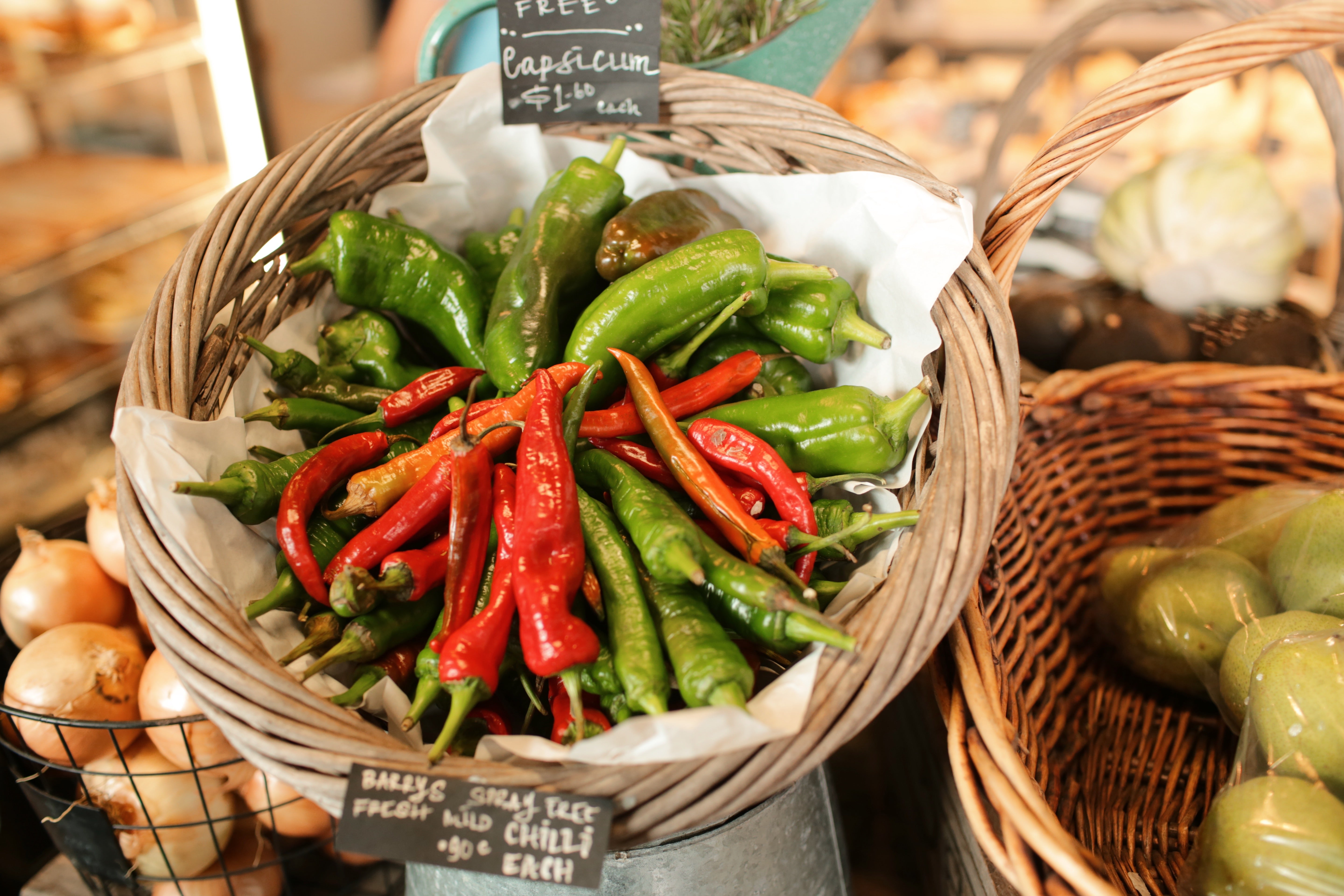 Fresh produce in baskets at Te Puna Deli