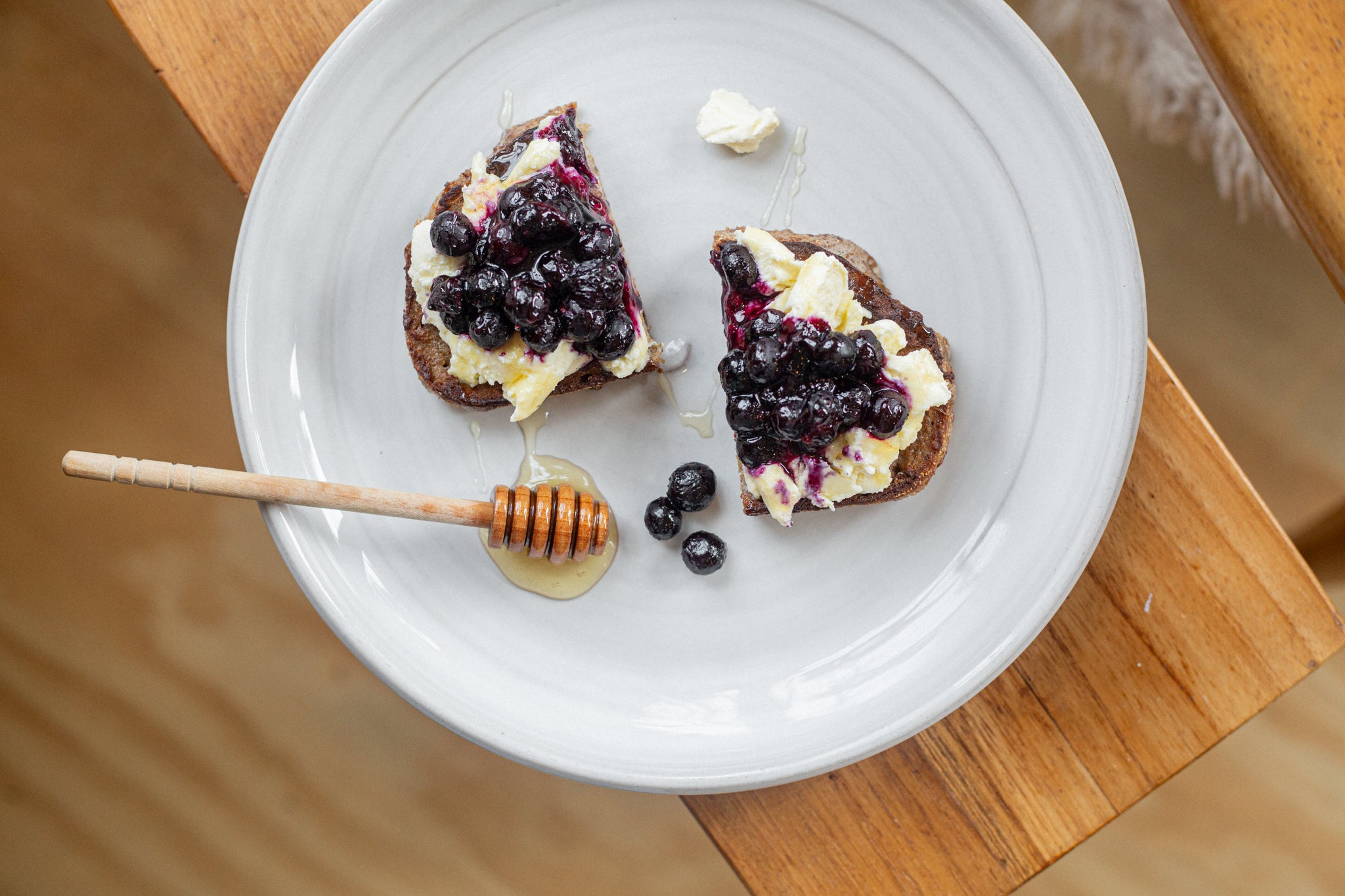 Fig & Walnut Sourdough French Toast topped with Ricotta and Blueberry