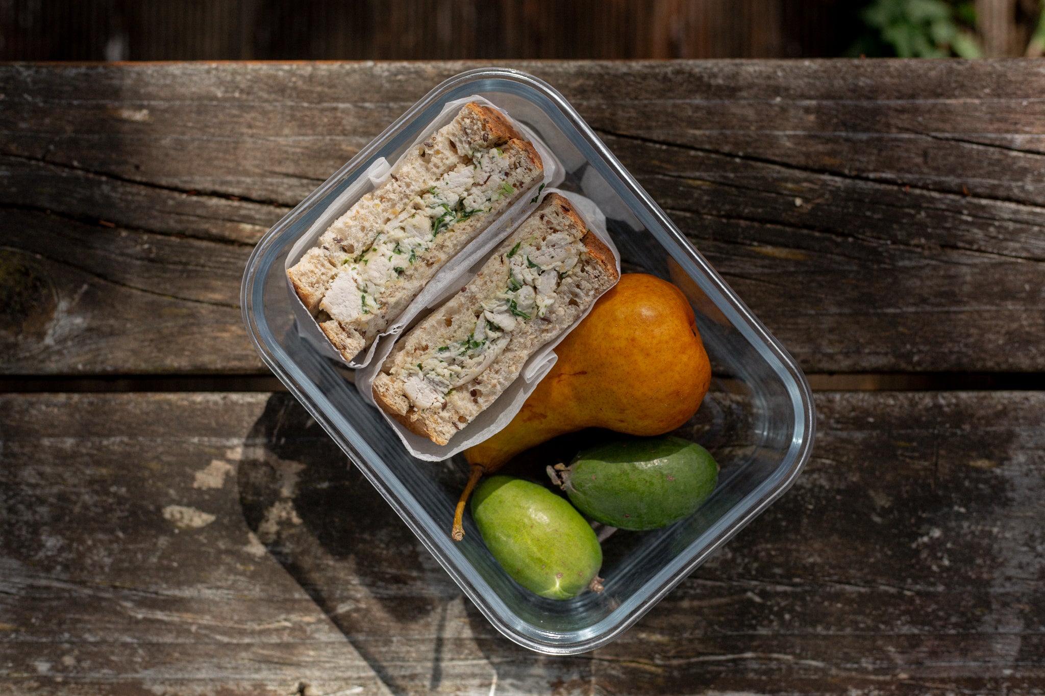 Chicken May Sandwich made with Volare Sliced Seeded Sandwich Loaf in a lunch box