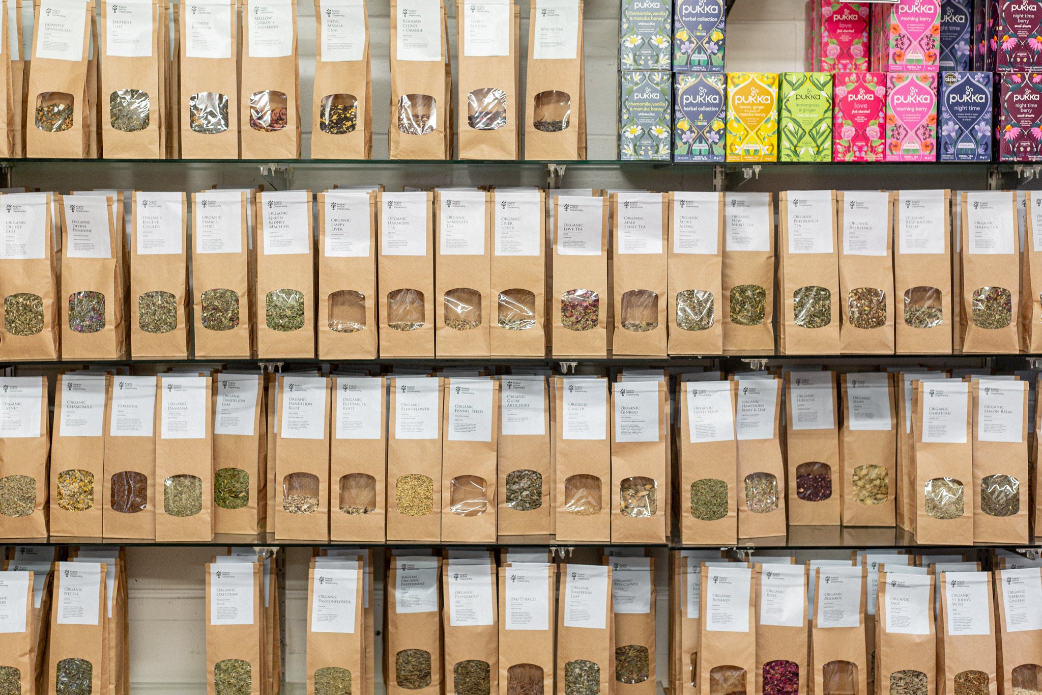 Shelf filled with Herbal Dispensary teas