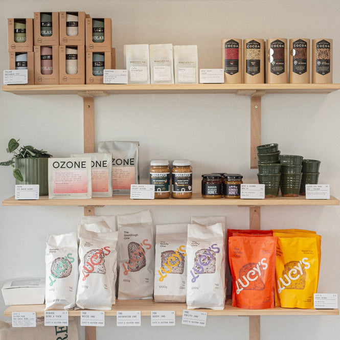 Volare merchandise shelves in the Main Bakery store. 