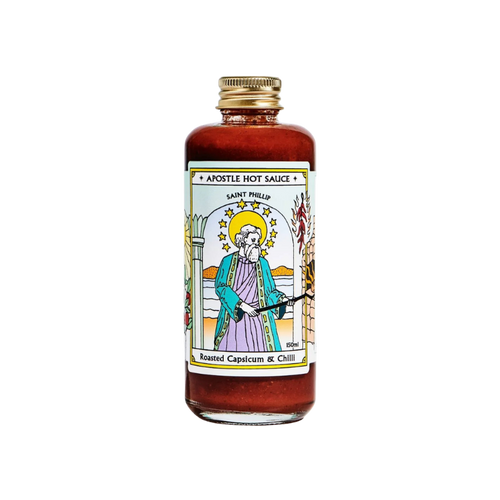Bottle of Apostle Hot Sauce with colorful label on a white background