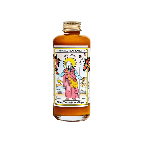 Bottle of Apostle Hot Sauce with a colorful label on a white background