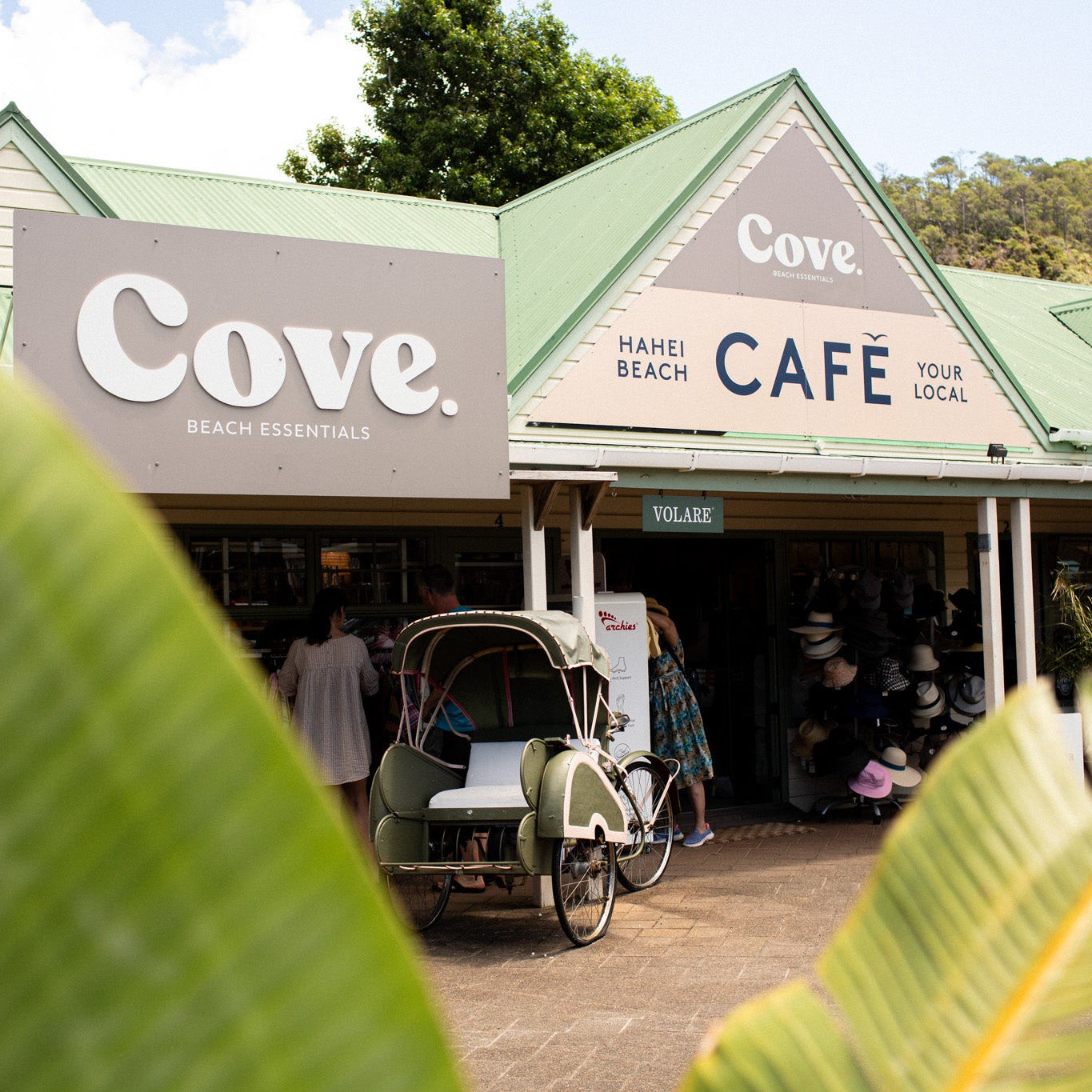 Cove Cafe with a green roof and sign, surrounded by trees and a banana leaf in the foreground.