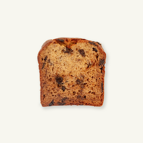 Cross section of Volare Chocolate Banana Bread loaf with melted Callebaut chocolate chunks