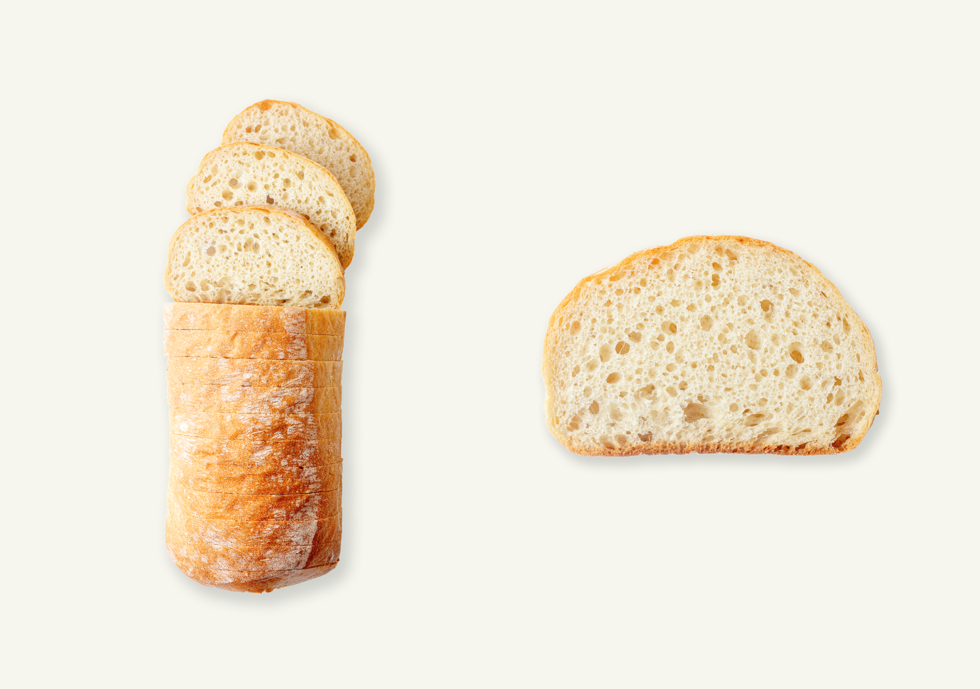 Sliced Ciabatta loaf next to a cross-section of a single slice.