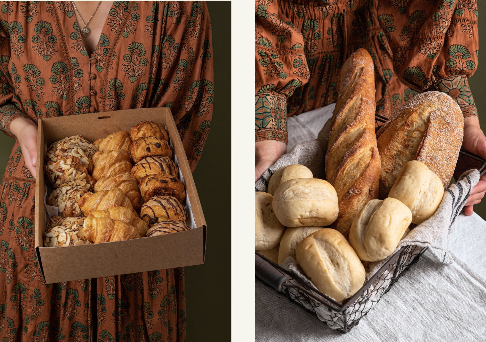 Two images of Volare mini pastry box and basket of bread held by a woman