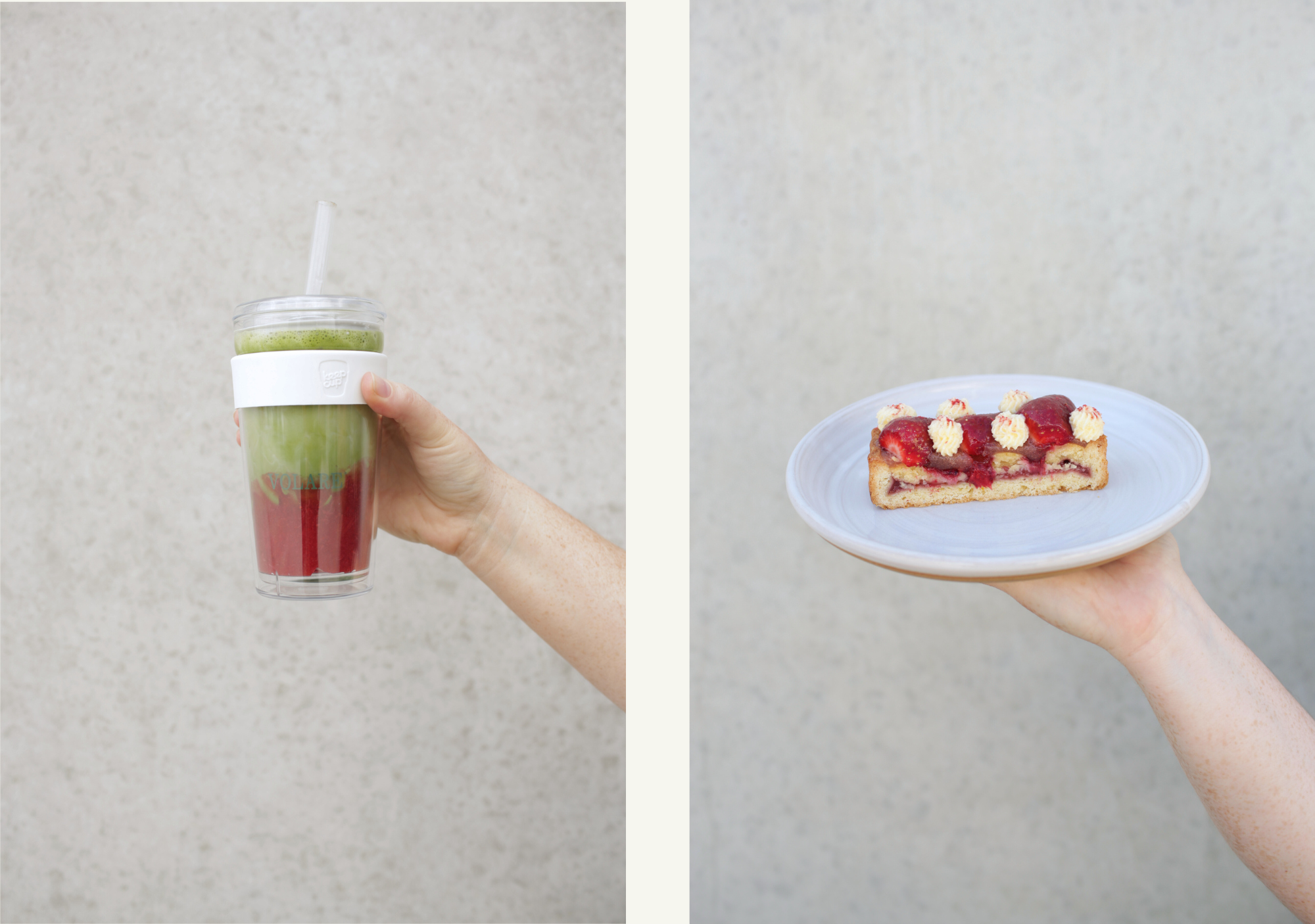 Two images side by side: one of a hand holding a Strawberry Matcha in a clear cup with a straw, and the other of a hand holding a Kane