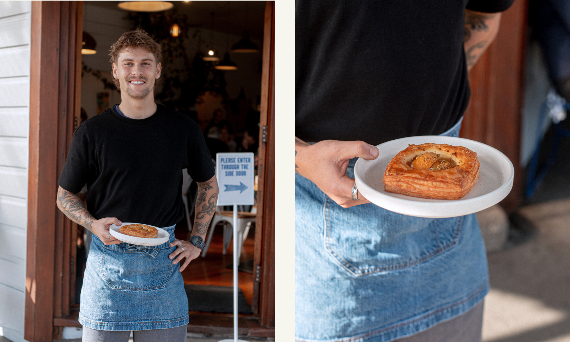 Waiter outside The Shack in Raglan holding a Volare Danish