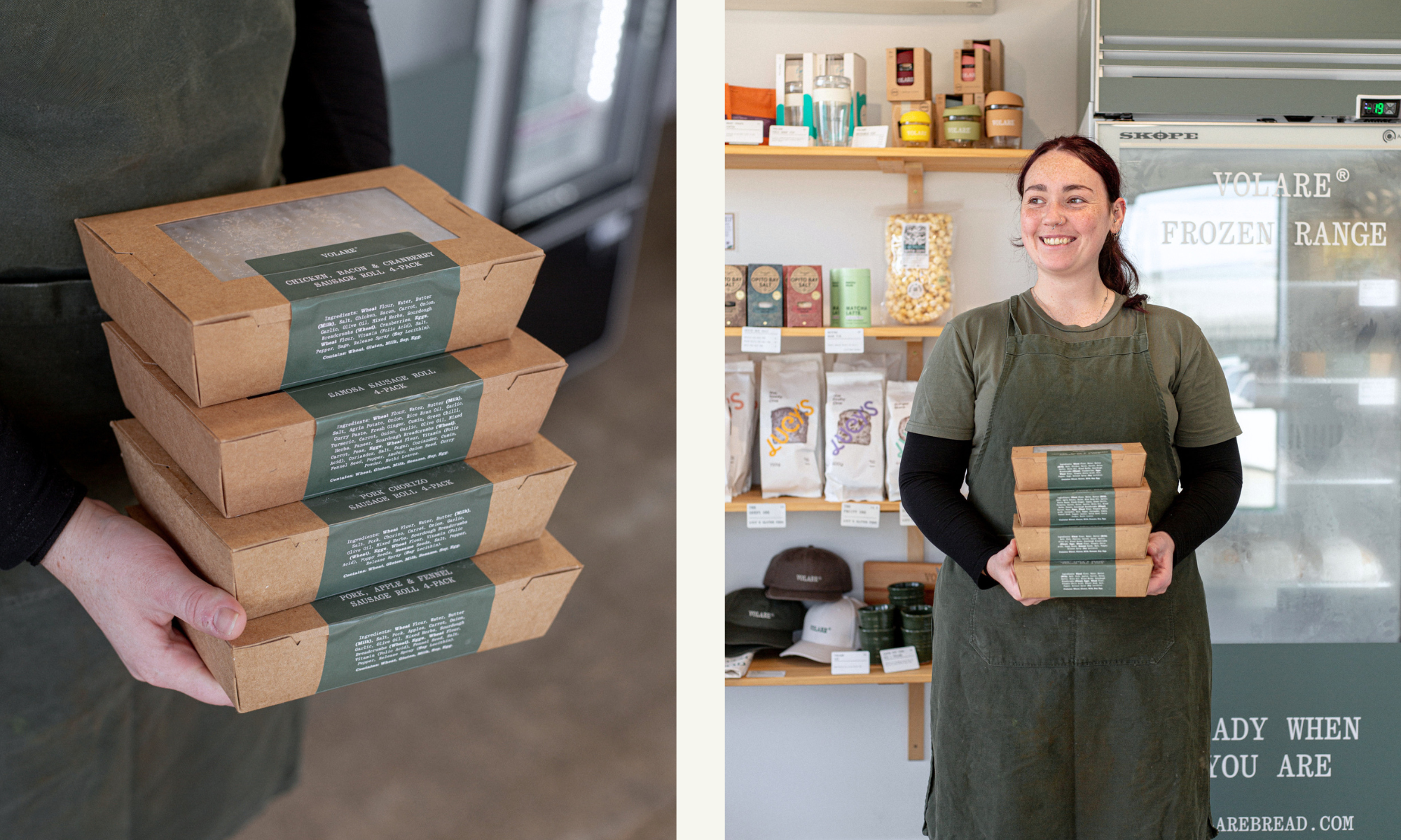 Tyler holding a stack of Frozen Sausage Rolls in the Volare Main Bakery store