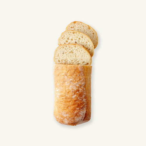 Loaf of Volare ciabatta sliced on a white background