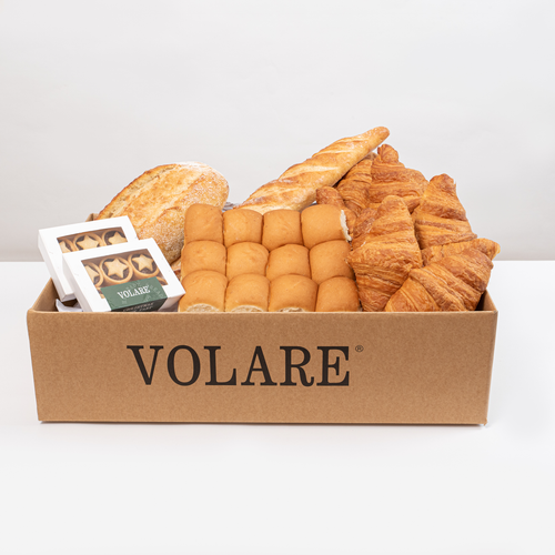 Volare bread Christmas box containing freshly baked artisan bread and pastries. Includes baguettes, croissants, and mince tarts.