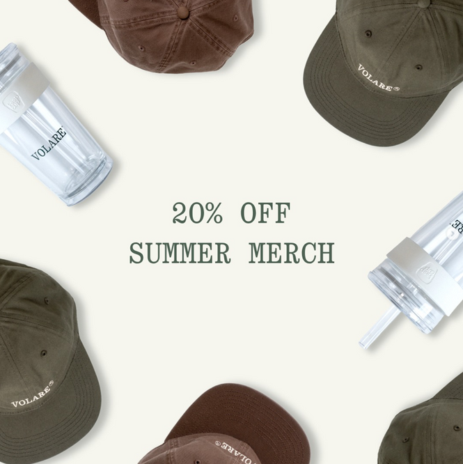 20% off summer merch Volare caps and cold keep cups